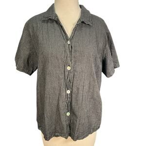Hot Cotton 55% Linen 45% Cotton Button Up Short Sleeve Top Size Large Grey Black